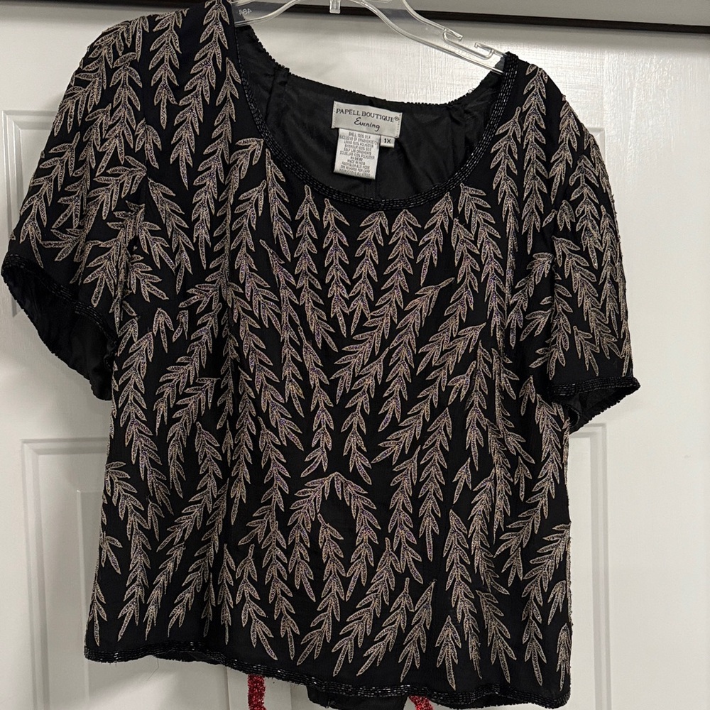Papell Boutique Black Top with Gold Leaf Embroidery